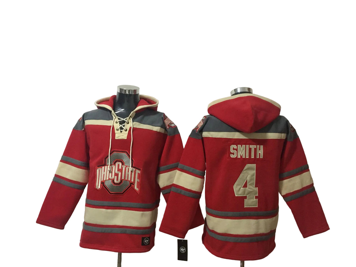 Men's Jeremiah Smith #4 Ohio State Buckeyes Scarlet Jersey Ageless Must-Have Lace-Up Pullover Hoodie