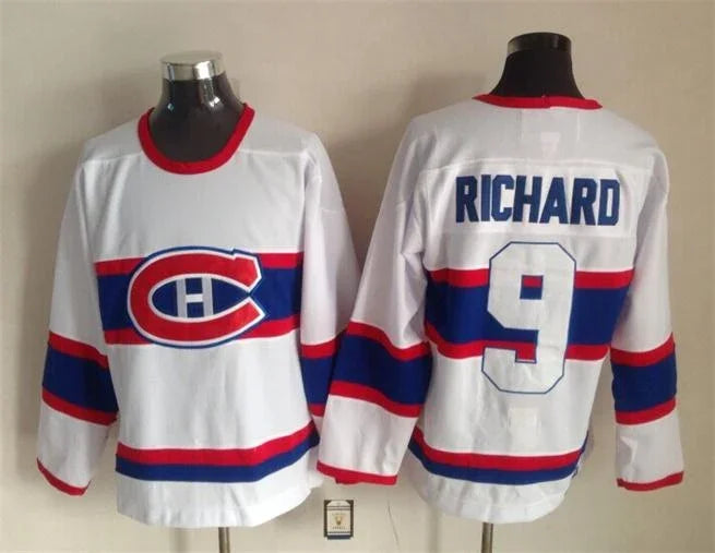 Men's Montréal Canadiens #9 Maurice Richard Red White Throwback Stitched Hockey Jersey
