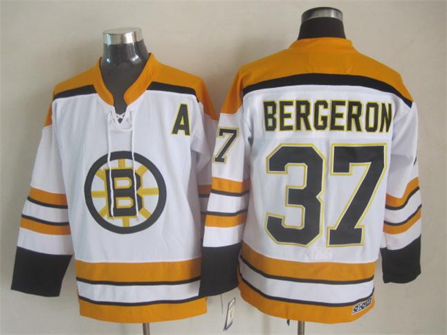 Men's Boston Bruins #37 Patrice Bergeron Black White Throwback Stitched Hockey Jersey