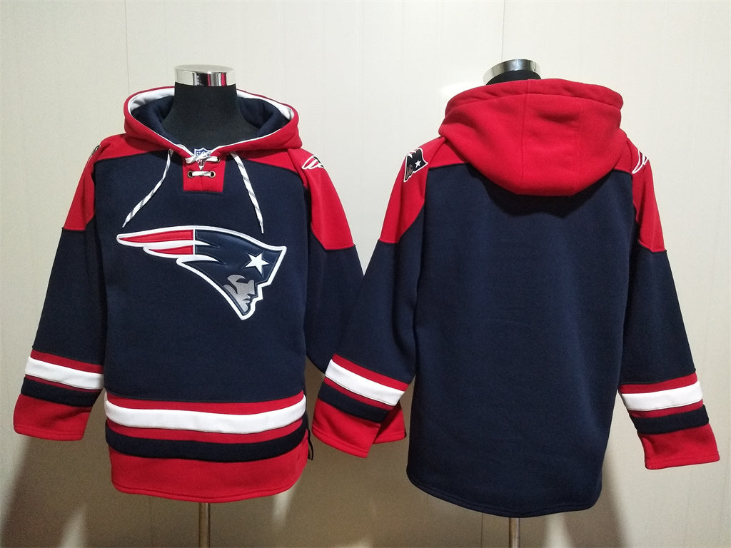 Men's Rob Gronkowski Drake Maye New England Patriots Navy Ageless Must-Have Lace-Up Pullover Hoodie