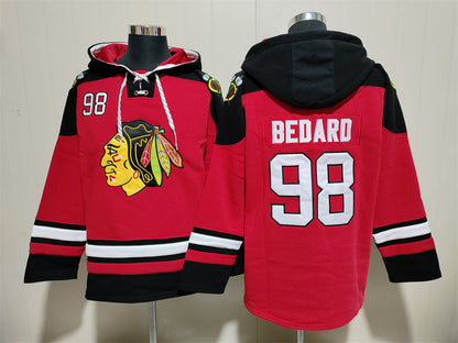 Men's Connor Bedard Chicago Blackhawks Red Jersey Ageless Must-Have Lace-Up Pullover Hoodie