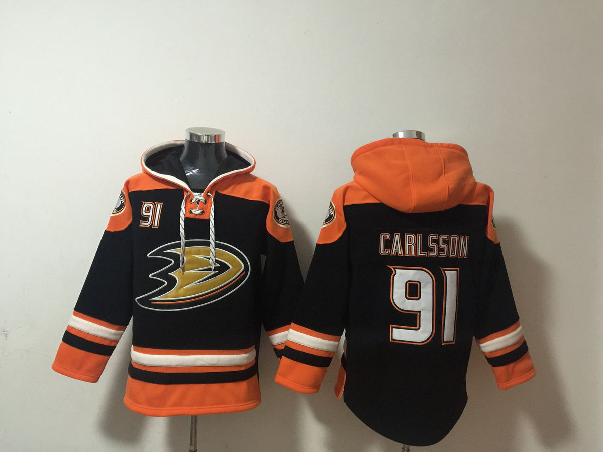 Men's Leo Carlsson Anaheim Ducks Black Jersey Ageless Must-Have Lace-Up Pullover Hoodie