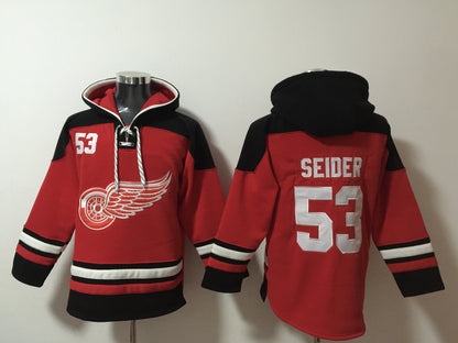 Men's Alex DeBrincat Detroit Red Wings Red Jersey Ageless Must-Have Lace-Up Pullover Hoodie