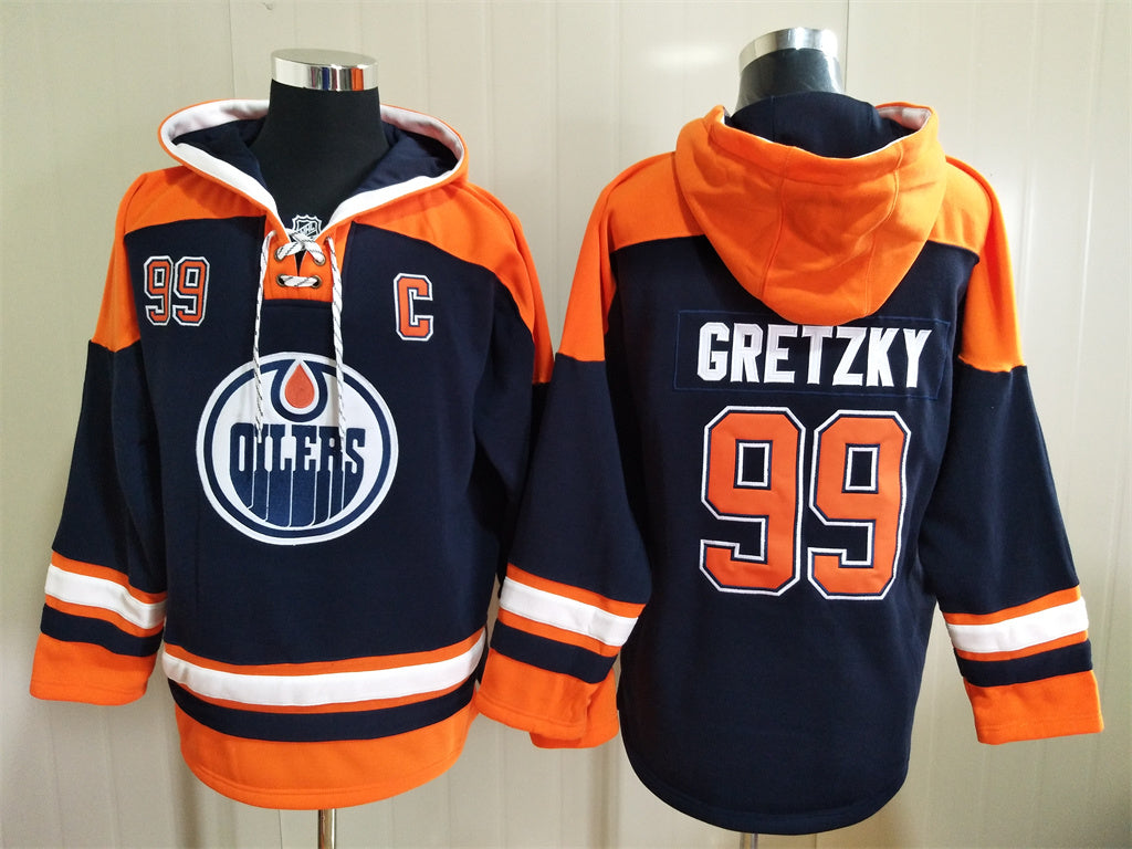 Men's Wayne Gretzky Connor McDavid Edmonton Oilers Navy Jersey Ageless Must-Have Lace-Up Pullover Hoodie