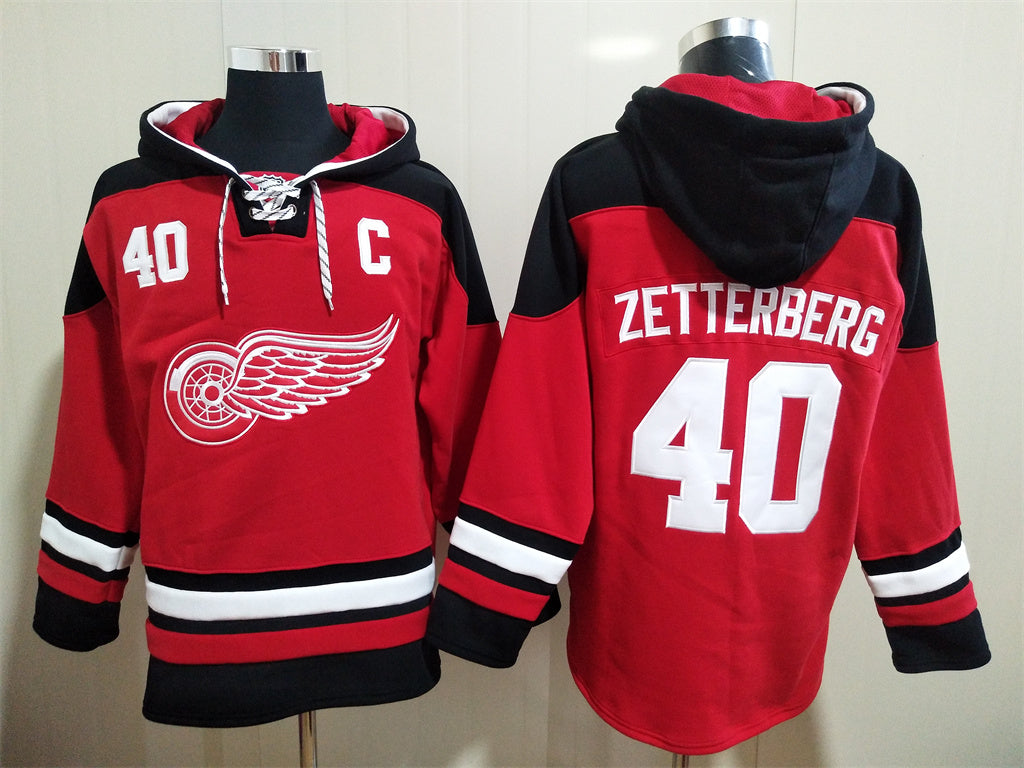 Men's Alex DeBrincat Detroit Red Wings Red Jersey Ageless Must-Have Lace-Up Pullover Hoodie