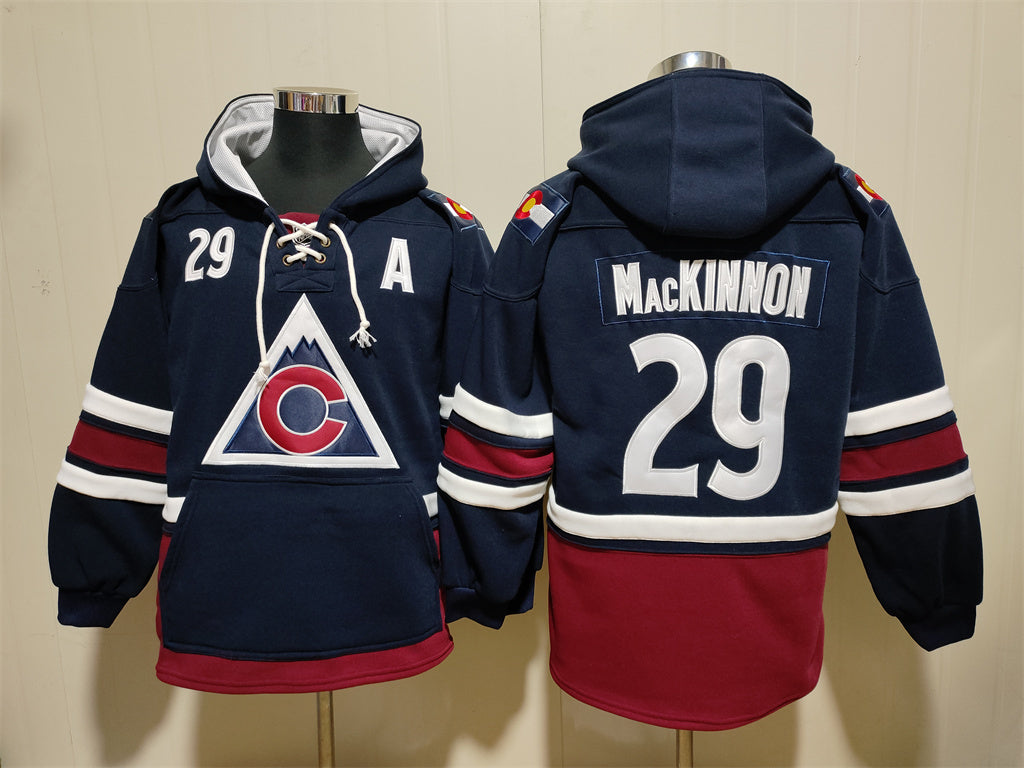 Men's Nathan MacKinnon Colorado Avalanche Navy Jersey Ageless Must-Have Pocket Lace-Up Pullover Hoodie