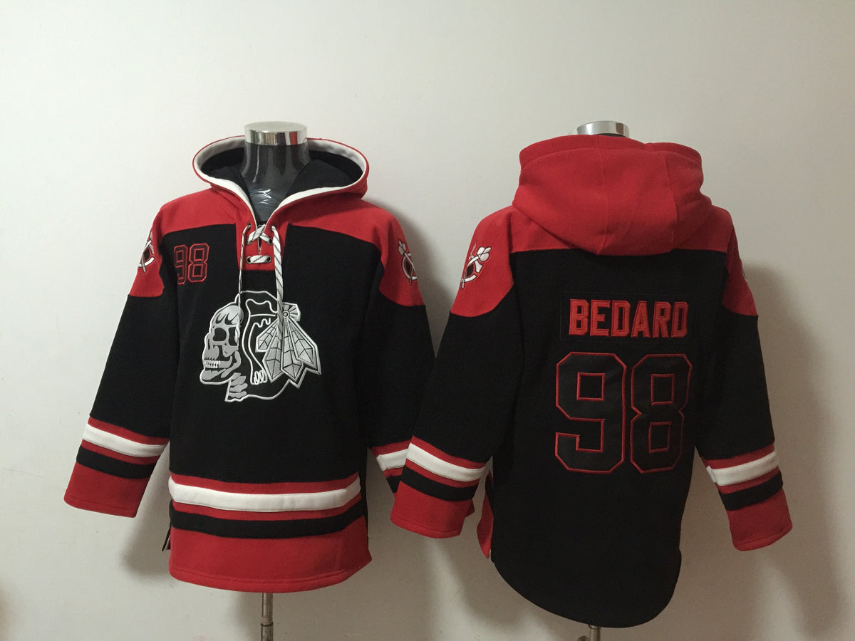 Men's Connor Bedard Chicago Blackhawks Skull Black Jersey Ageless Must-Have Lace-Up Pullover Hoodie