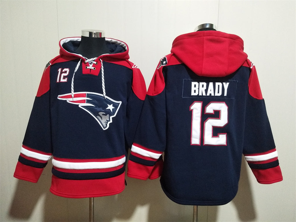 Men's Rob Gronkowski Drake Maye New England Patriots Navy Ageless Must-Have Lace-Up Pullover Hoodie