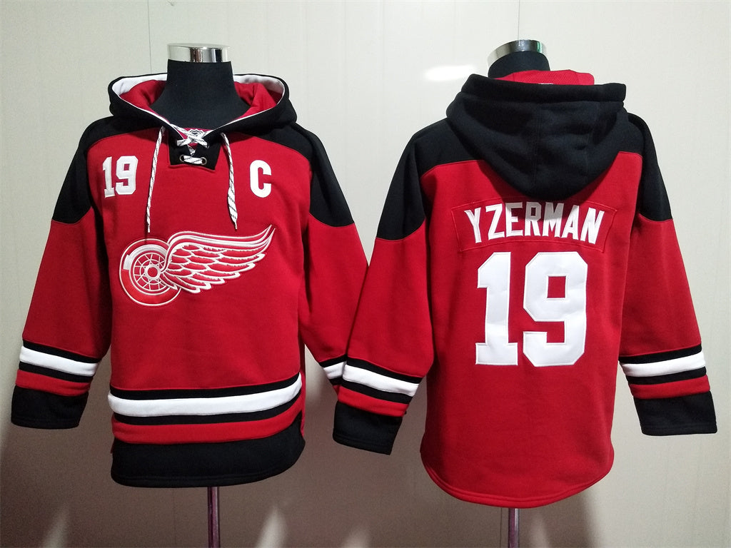 Men's Alex DeBrincat Detroit Red Wings Red Jersey Ageless Must-Have Lace-Up Pullover Hoodie