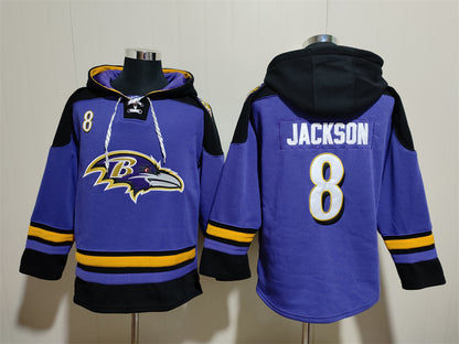 Men's Lamar Jackson Baltimore Ravens Purple Jersey Ageless Must-Have Lace-Up Pullover Hoodie