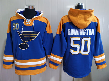 Men's Jordan Binnington St. Louis Blues Blue Jersey Ageless Must-Have Lace-Up Pullover Hoodie