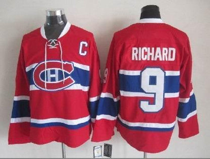 Men's Montréal Canadiens #9 Maurice Richard Red White Throwback Stitched Hockey Jersey
