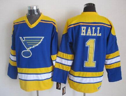 Men's Glenn Hall #1 St. Louis Blues Blue White Vintage Stitched Hockey Jersey