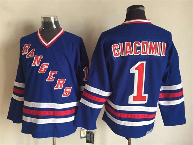 Men's Eddie Giacomin #1 New York Rangers Navy Blue White Vintage Stitched Hockey Jersey