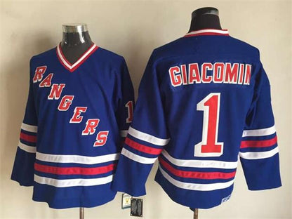 Men's Eddie Giacomin #1 New York Rangers Navy Blue White Vintage Stitched Hockey Jersey