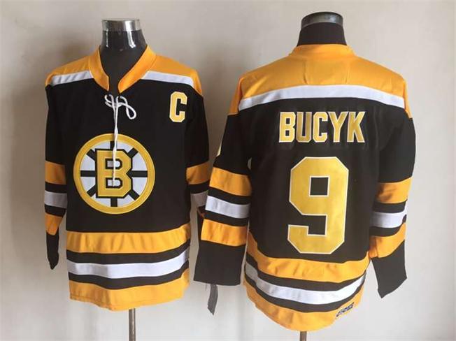 Men's Boston Bruins #9 Johnny Bucyk Black White Throwback Stitched Hockey Jersey