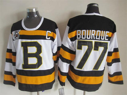 Men's Boston Bruins #77 Ray Bourque Black White Throwback Stitched Hockey Jersey