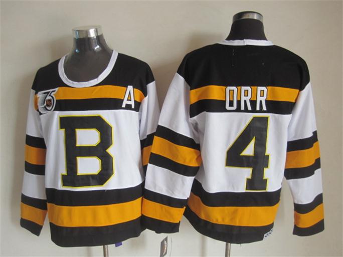 Men's Boston Bruins #4 Bobby Orr Black White Throwback Stitched Hockey Jersey