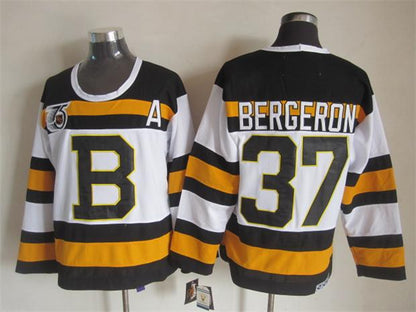 Men's Boston Bruins #37 Patrice Bergeron Black White Throwback Stitched Hockey Jersey