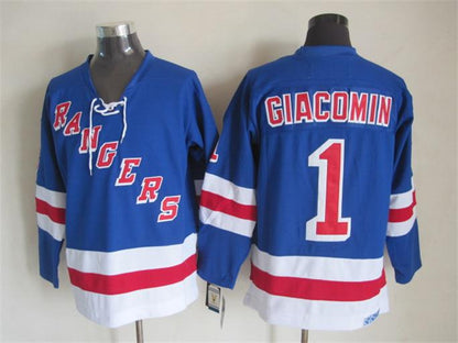 Men's Eddie Giacomin #1 New York Rangers Navy Blue White Vintage Stitched Hockey Jersey