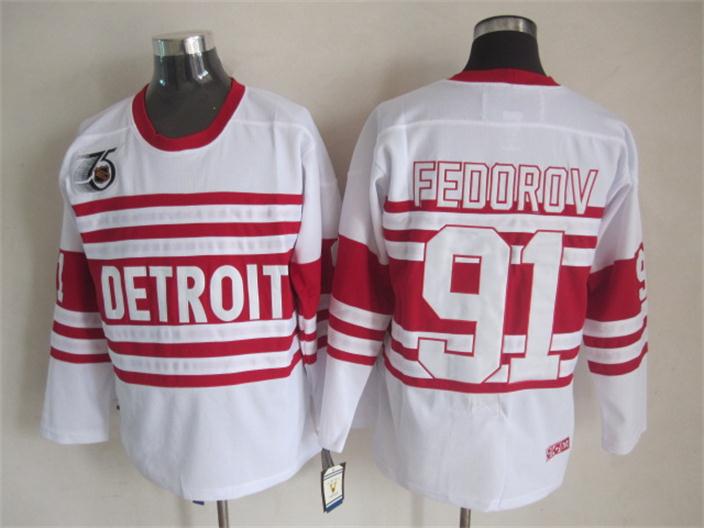Men's Retro Detroit Red Wings White 1991-92 75th Classics CCM Vintage Stitched Hockey Jersey