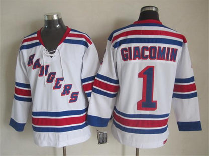 Men's Eddie Giacomin #1 New York Rangers Navy Blue White Vintage Stitched Hockey Jersey