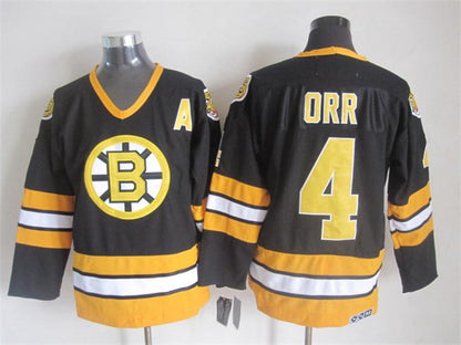 Men's Boston Bruins #4 Bobby Orr Black White Throwback Stitched Hockey Jersey