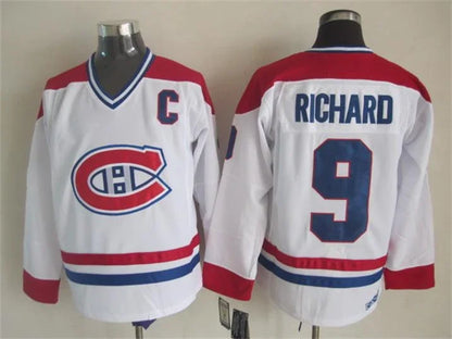 Men's Montréal Canadiens #9 Maurice Richard Red White Throwback Stitched Hockey Jersey