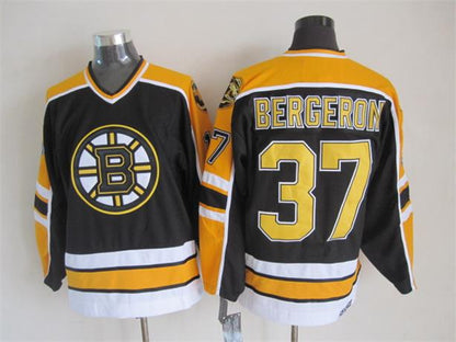 Men's Boston Bruins #37 Patrice Bergeron Black White Throwback Stitched Hockey Jersey