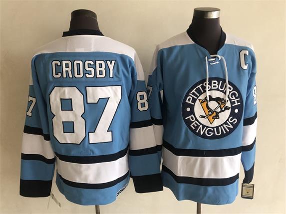 Men's Retro Sidney Crosby #87 Pittsburgh Penguins Light Blue 1986-87 CCM Vintage Stitched Hockey Jersey