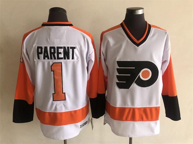Men's Retro Bernie Parent #1 Philadelphia Flyers White 1970-1972 CCM Vintage Stitched Hockey Jersey