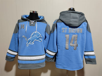 Men's Amon-Ra St. Brown Detroit Lions Blue Jersey Ageless Must-Have Lace-Up Pullover Hoodie