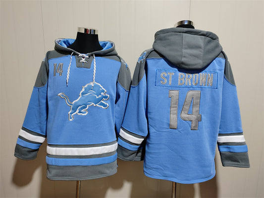 Men's Amon-Ra St. Brown Detroit Lions Blue Jersey Ageless Must-Have Lace-Up Pullover Hoodie