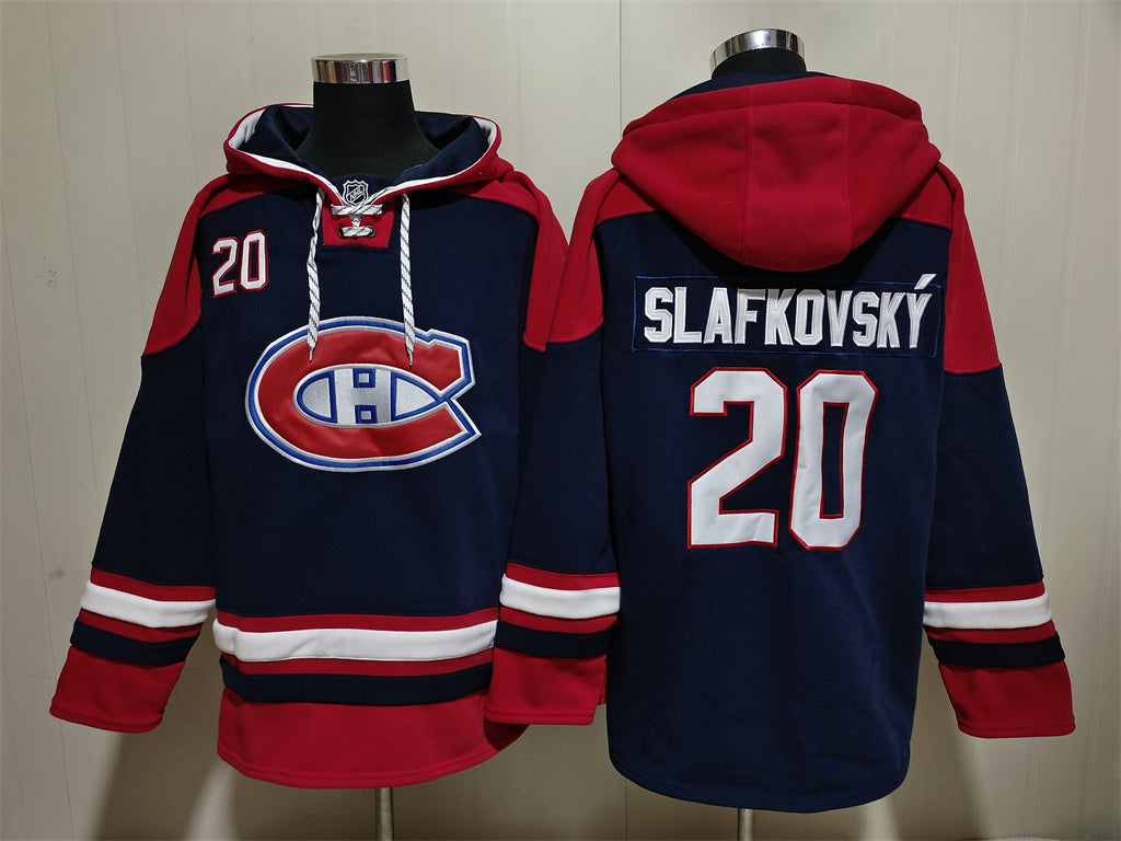 Men's Juraj Slafkovsky Montreal Canadiens Navy Red Jersey Ageless Must-Have Lace-Up Pullover Hoodie