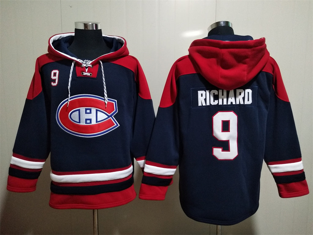 Men's Juraj Slafkovsky Montreal Canadiens Navy Red Jersey Ageless Must-Have Lace-Up Pullover Hoodie