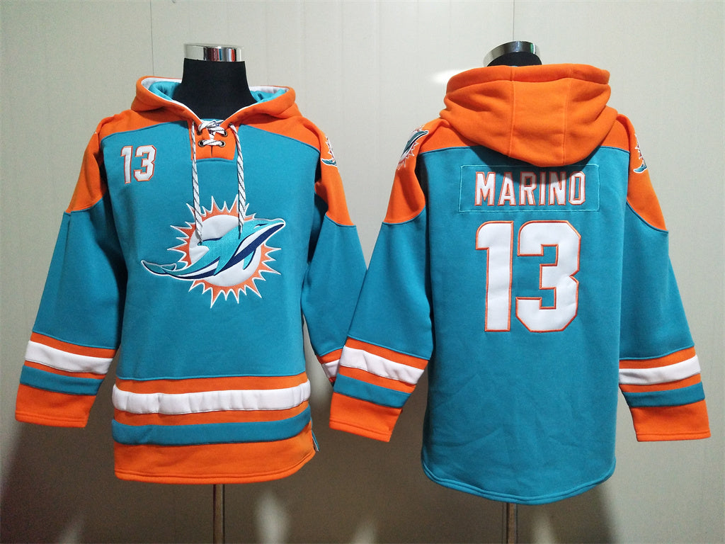 Men's Dan Marino Miami Dolphins Aqua Jersey Ageless Must-Have Lace-Up Pullover Hoodie