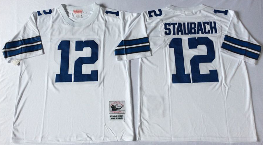 Men's Roger Staubach Dallas Cowboys White Navy Vintage Stitched Football Jersey
