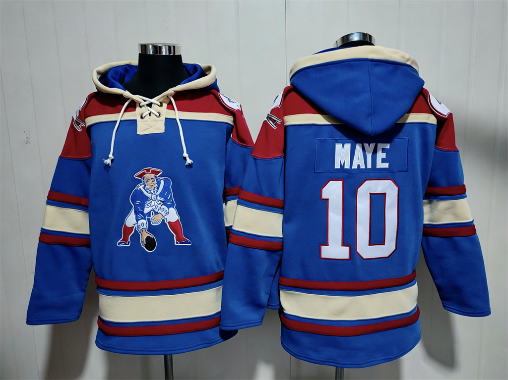 Men's Drake Maye New England Patriots Royal Ageless Must-Have Lace-Up Pullover Hoodie