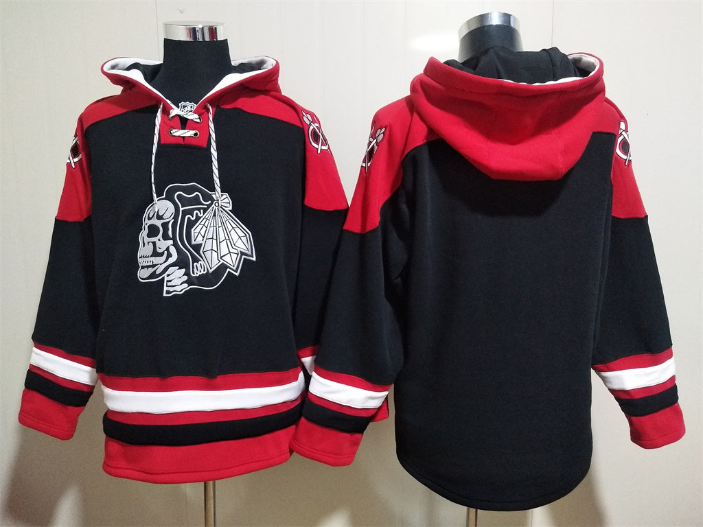 Men's Connor Bedard Chicago Blackhawks Skull Black Jersey Ageless Must-Have Lace-Up Pullover Hoodie