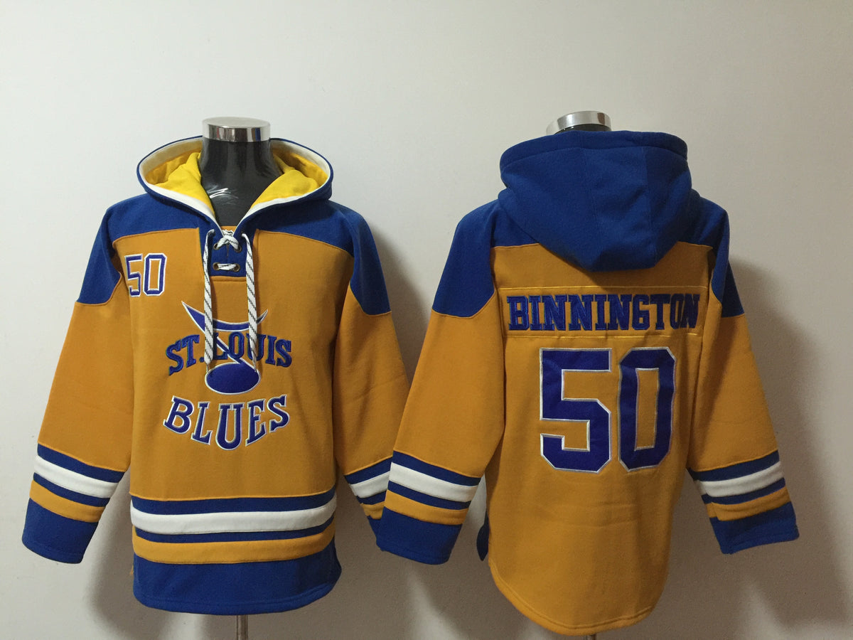 Men's Jordan Binnington St. Louis Blues Gold Jersey Ageless Must-Have Lace-Up Pullover Hoodie