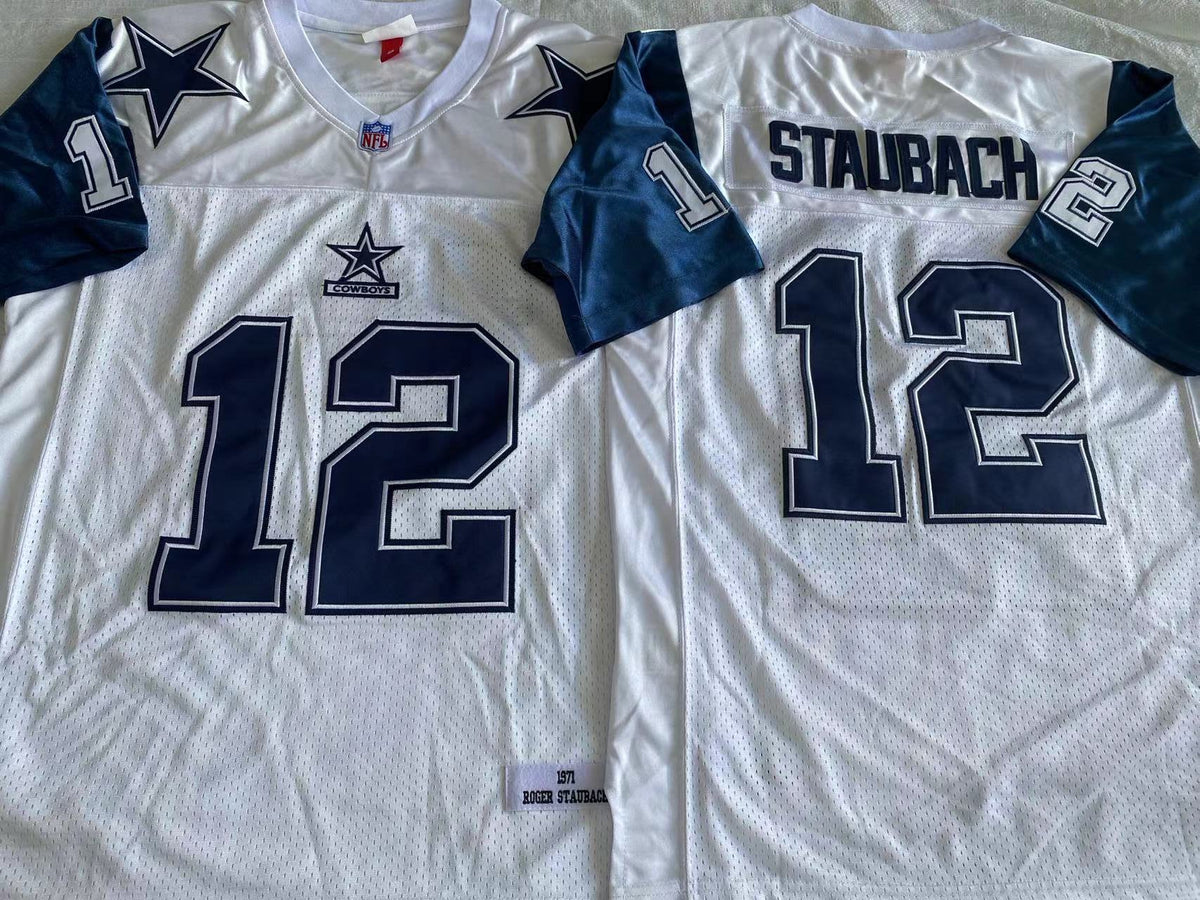 Men's Roger Staubach Dallas Cowboys White Navy Vintage Stitched Football Jersey