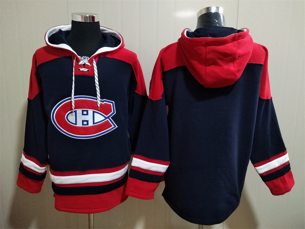 Men's Juraj Slafkovsky Montreal Canadiens Navy Red Jersey Ageless Must-Have Lace-Up Pullover Hoodie