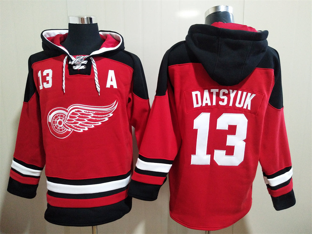 Men's Alex DeBrincat Detroit Red Wings Red Jersey Ageless Must-Have Lace-Up Pullover Hoodie