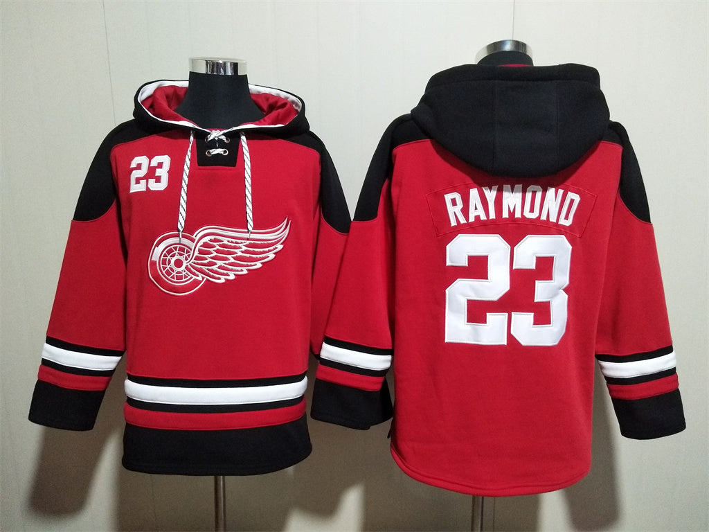 Men's Alex DeBrincat Detroit Red Wings Red Jersey Ageless Must-Have Lace-Up Pullover Hoodie