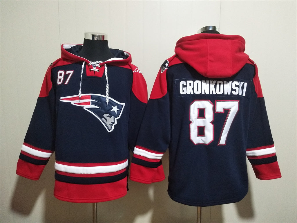 Men's Rob Gronkowski Drake Maye New England Patriots Navy Ageless Must-Have Lace-Up Pullover Hoodie