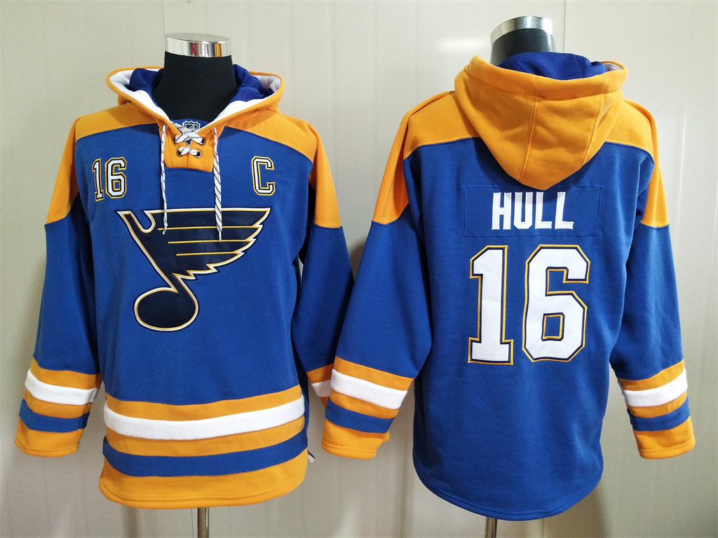 Men's Jordan Binnington St. Louis Blues Blue Jersey Ageless Must-Have Lace-Up Pullover Hoodie