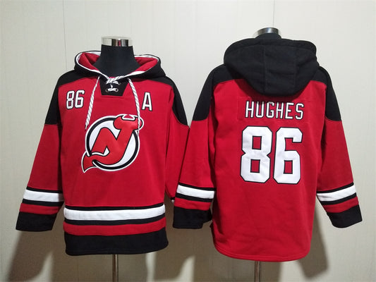 Men's Jack Hughes New Jersey Devils Red Jersey Ageless Must-Have Lace-Up Pullover Hoodie
