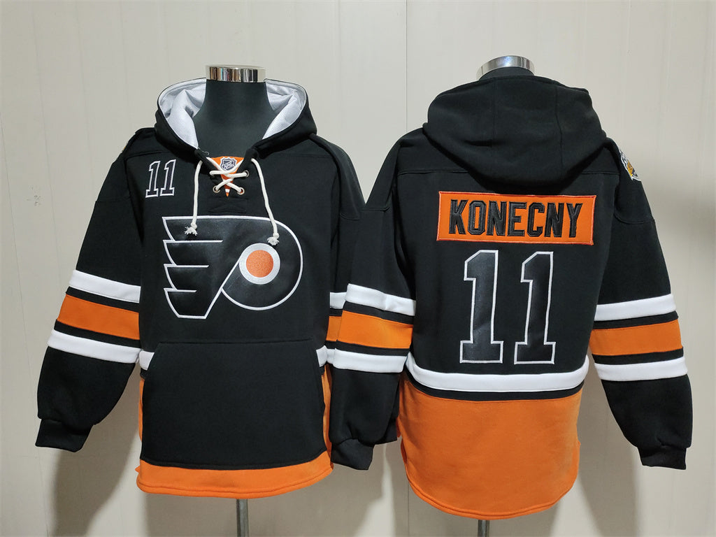 Men's Travis Konecny Philadelphia Flyers Black Jersey Ageless Must-Have Pocket Lace-Up Pullover Hoodie