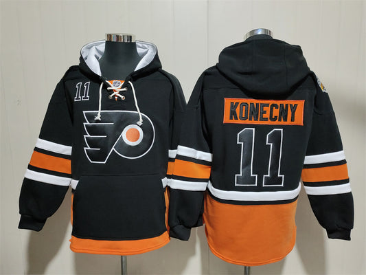 Men's Travis Konecny Philadelphia Flyers Black Jersey Ageless Must-Have Pocket Lace-Up Pullover Hoodie