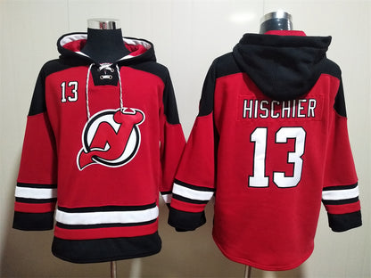 Men's Jack Hughes New Jersey Devils Red Jersey Ageless Must-Have Lace-Up Pullover Hoodie